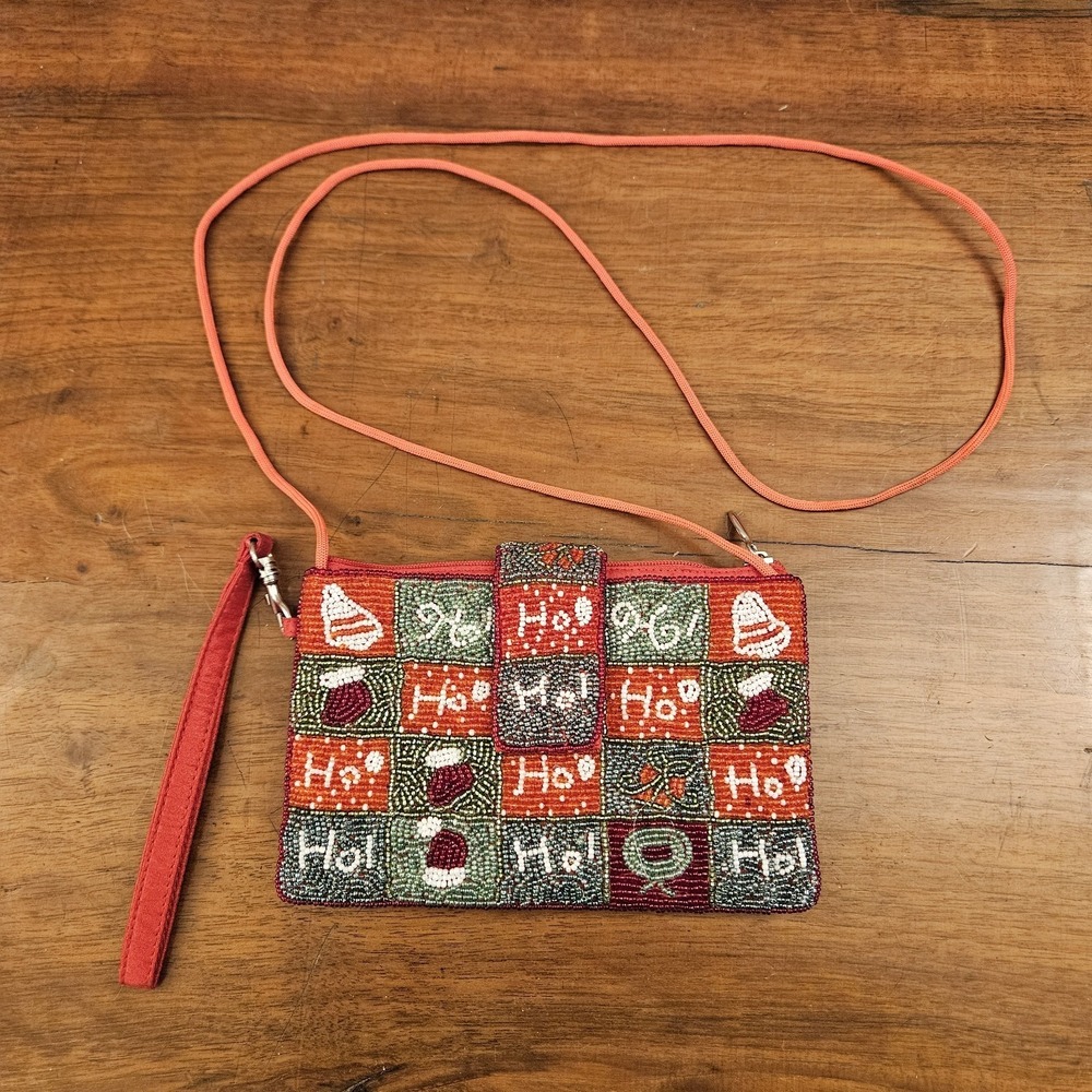Christmas Beaded Bag Bamboo Trading Company Wristlet Crossbody Holiday
